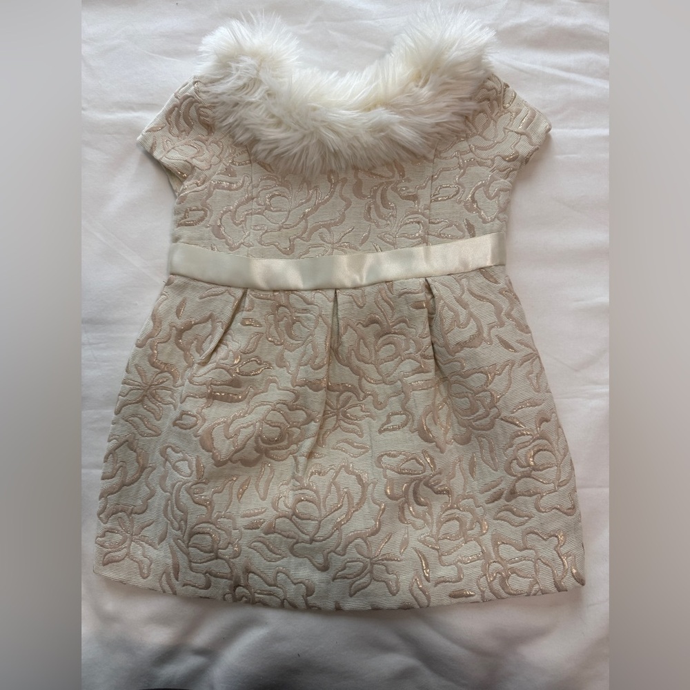 Janie and Jack Cream Floral Dress with Faux Fur Collar